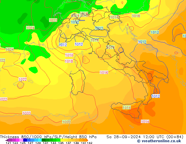 Thck 850-1000 гПа GFS сб 28.09.2024 12 UTC