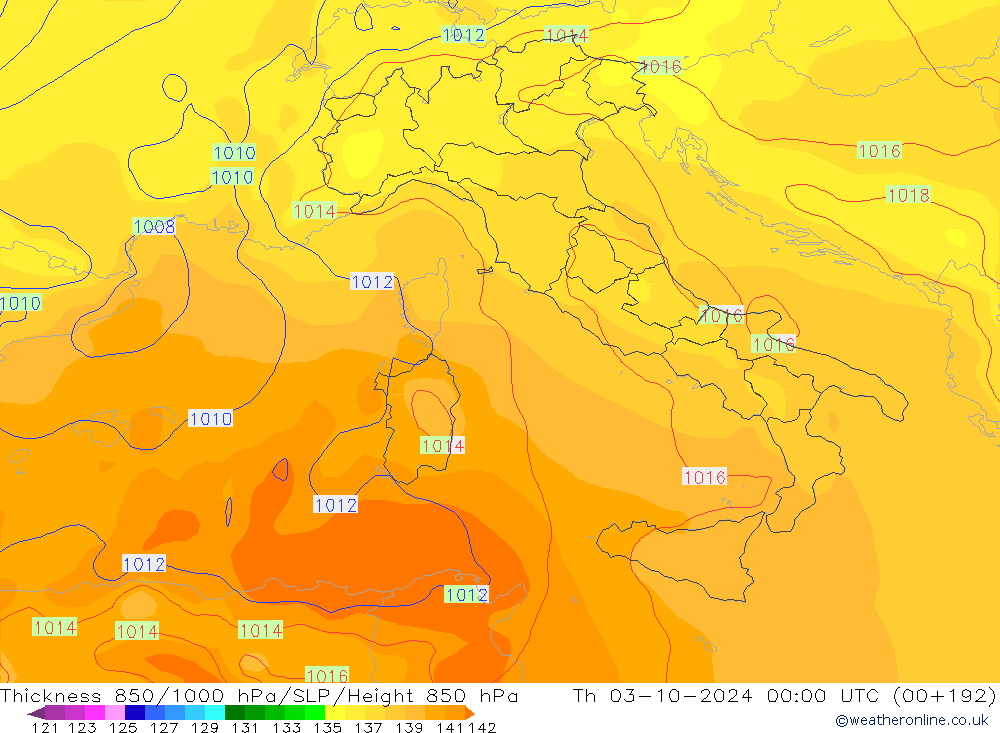 Espesor 850-1000 hPa GFS jue 03.10.2024 00 UTC