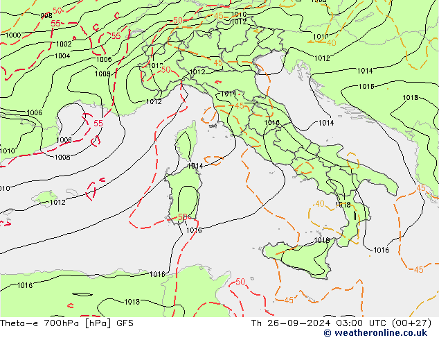 Theta-e 700hPa GFS Čt 26.09.2024 03 UTC