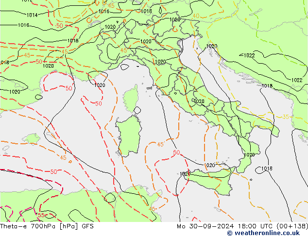 Theta-e 700hPa GFS ma 30.09.2024 18 UTC