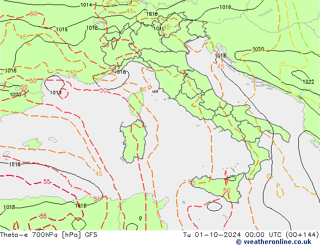 Theta-e 700hPa GFS mar 01.10.2024 00 UTC