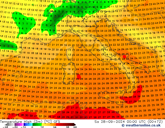 Temp. massima (2m) GFS sab 28.09.2024 00 UTC