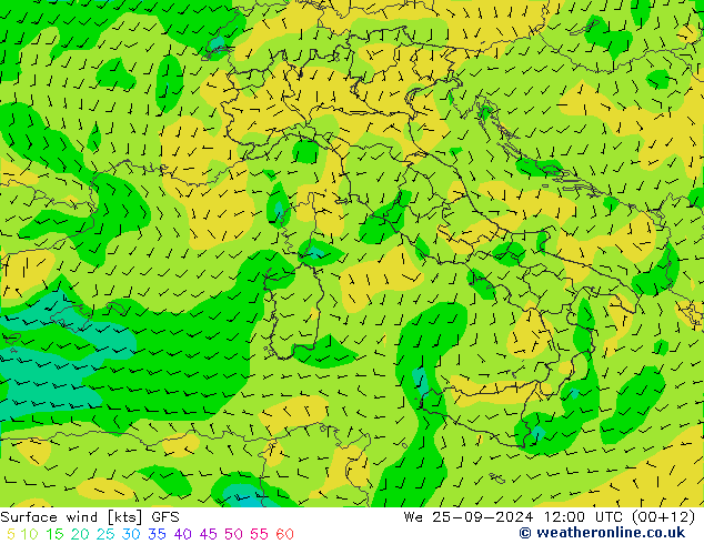 ветер 10 m GFS ср 25.09.2024 12 UTC