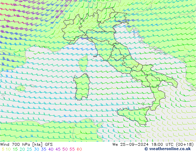 Vento 700 hPa GFS Qua 25.09.2024 18 UTC