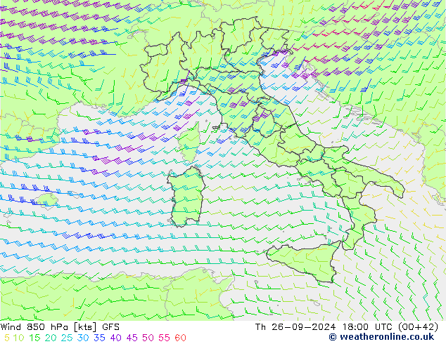 Viento 850 hPa GFS jue 26.09.2024 18 UTC