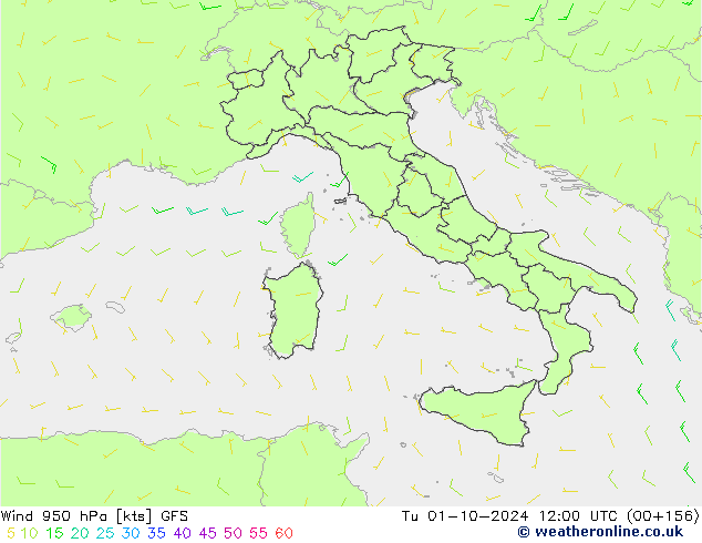 wiatr 950 hPa GFS wto. 01.10.2024 12 UTC