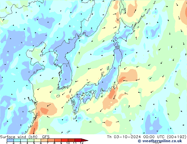 Viento 10 m (bft) GFS jue 03.10.2024 00 UTC