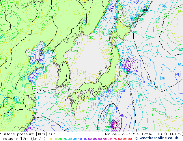 Isotachs (kph) GFS lun 30.09.2024 12 UTC