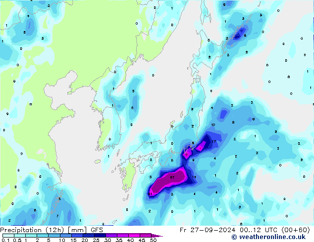 Precipitation (12h) GFS Fr 27.09.2024 12 UTC