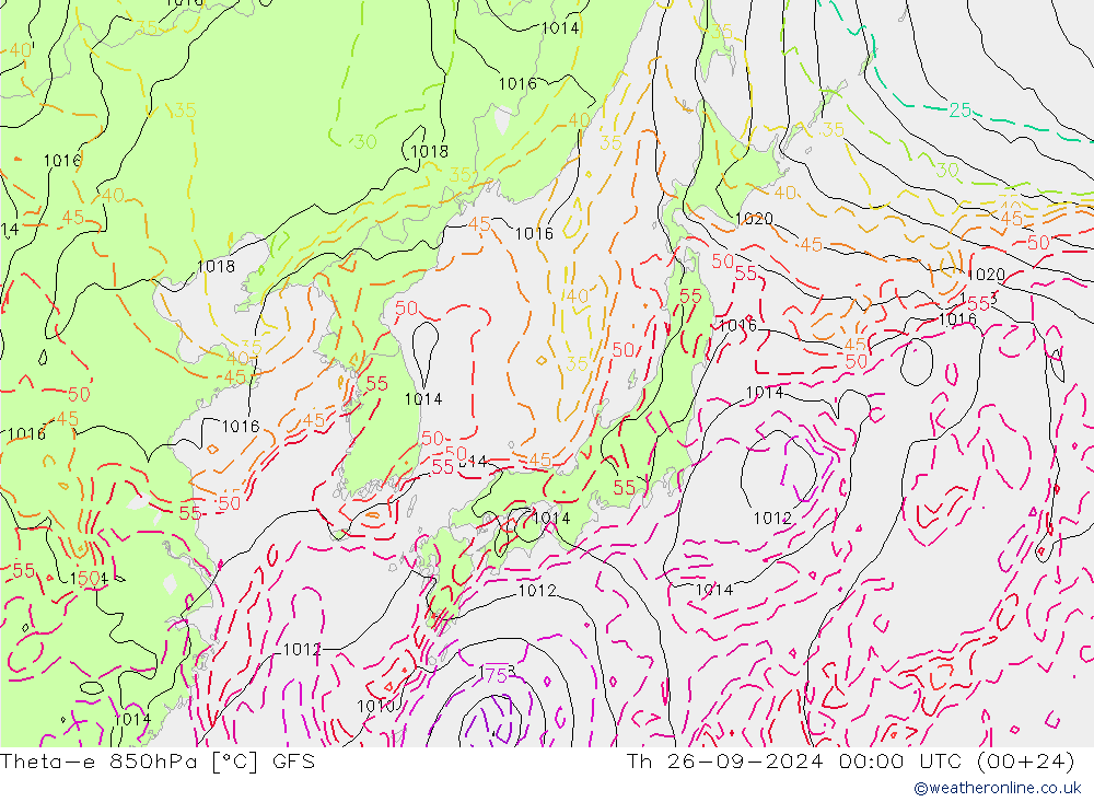 Theta-e 850гПа GFS чт 26.09.2024 00 UTC