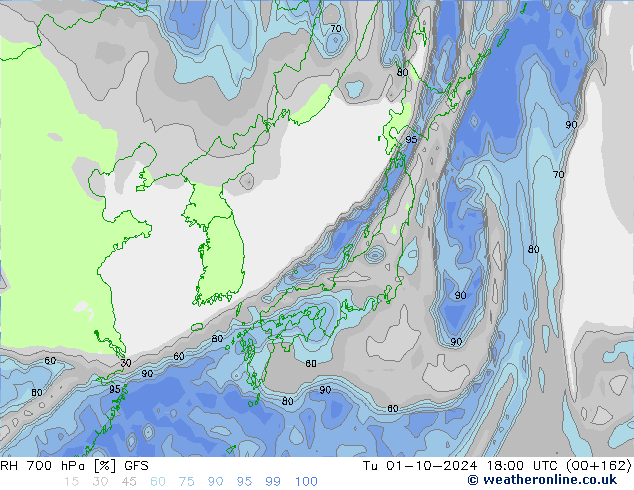 RH 700 hPa GFS Tu 01.10.2024 18 UTC