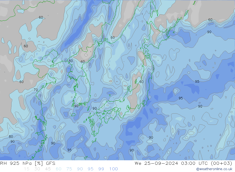 Humidité rel. 925 hPa GFS mer 25.09.2024 03 UTC