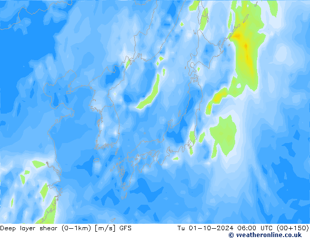 Deep layer shear (0-1km) GFS вт 01.10.2024 06 UTC