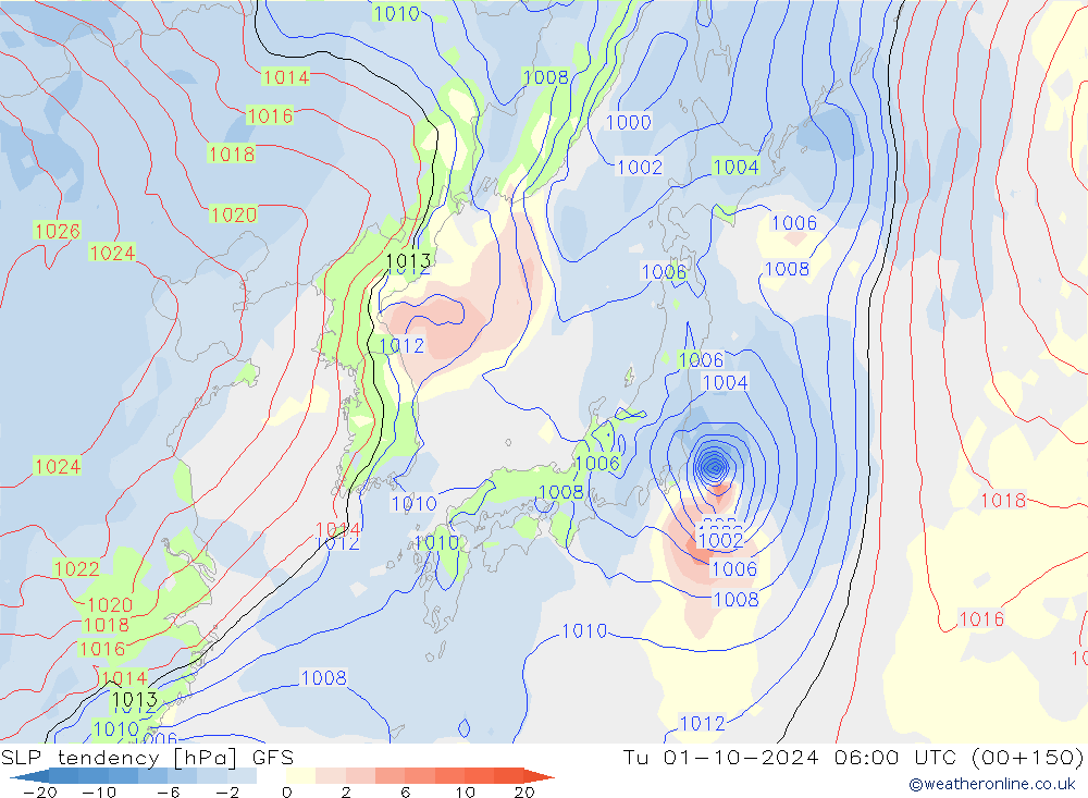 SLP tendency GFS Út 01.10.2024 06 UTC