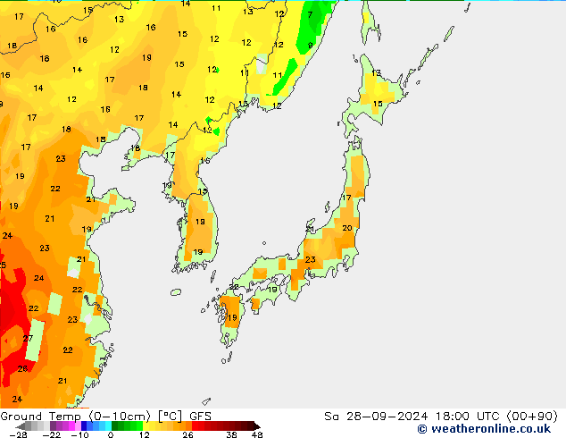 Temperatura del suelo (0-10cm) GFS sáb 28.09.2024 18 UTC