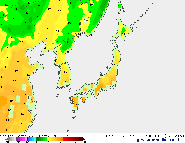 temp. mín./solo (0-10cm) GFS Sex 04.10.2024 00 UTC