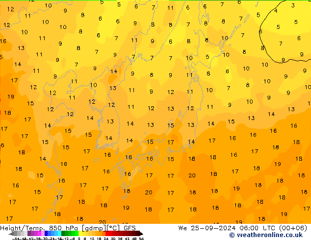 Géop./Temp. 850 hPa GFS mer 25.09.2024 06 UTC