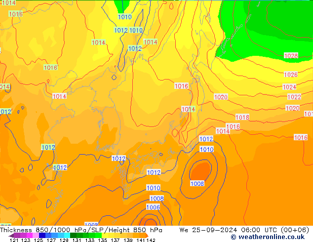 Thck 850-1000 hPa GFS We 25.09.2024 06 UTC