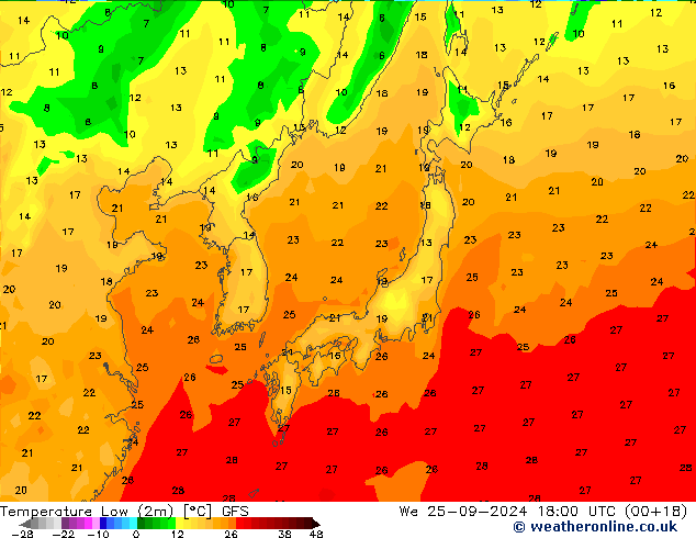 temperatura mín. (2m) GFS Qua 25.09.2024 18 UTC