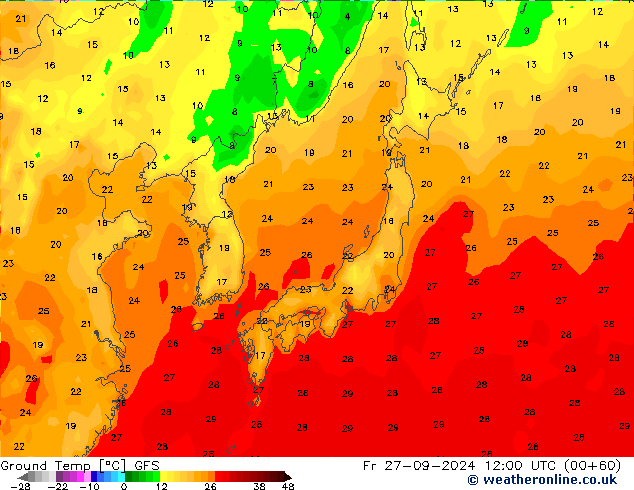 Temp. al suolo GFS ven 27.09.2024 12 UTC