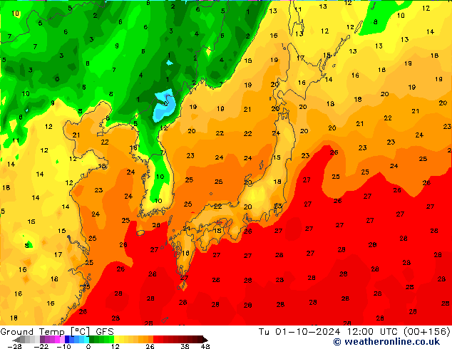 Temperatura del suelo GFS mar 01.10.2024 12 UTC