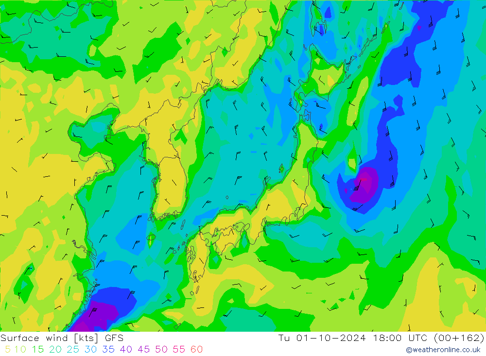 Surface wind GFS Tu 01.10.2024 18 UTC