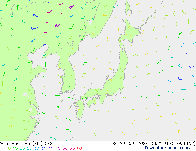 Vent 850 hPa GFS dim 29.09.2024 06 UTC