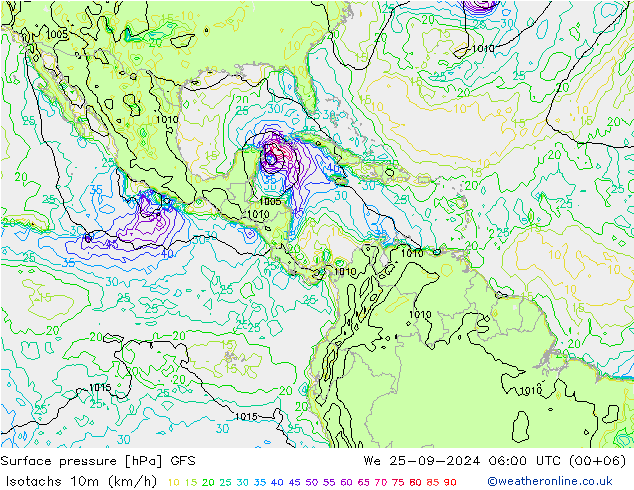 Isotachen (km/h) GFS wo 25.09.2024 06 UTC