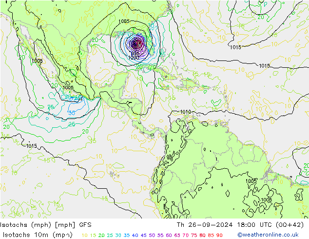 Isotachen (mph) GFS do 26.09.2024 18 UTC