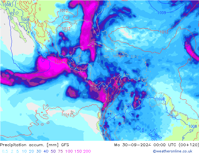 Precipitation accum. GFS pon. 30.09.2024 00 UTC