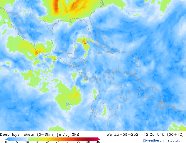 Deep layer shear (0-6km) GFS mer 25.09.2024 12 UTC