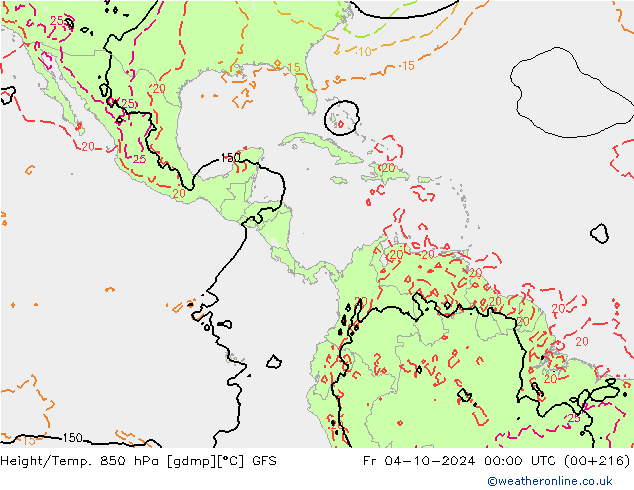 Height/Temp. 850 hPa GFS Sex 04.10.2024 00 UTC