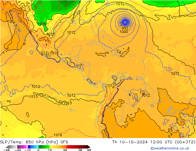 SLP/Temp. 850 hPa GFS Čt 10.10.2024 12 UTC