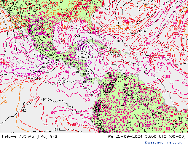 Theta-e 700hPa GFS mer 25.09.2024 00 UTC