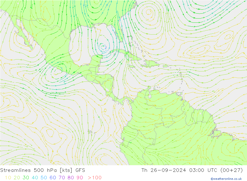 Streamlines 500 hPa GFS Čt 26.09.2024 03 UTC