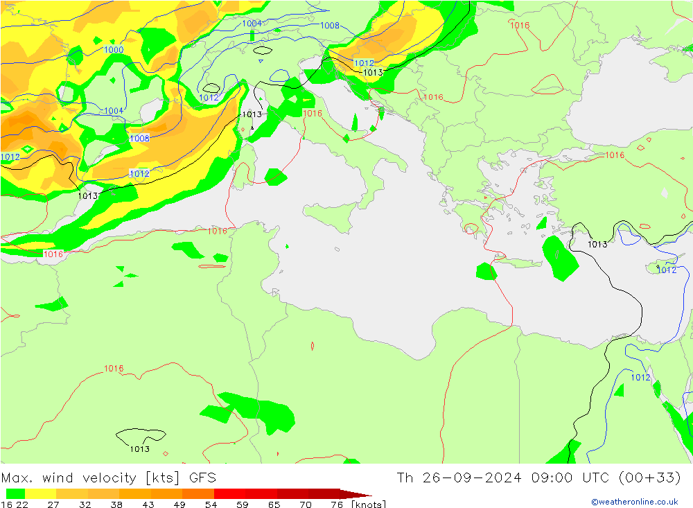 Max. wind velocity GFS jue 26.09.2024 09 UTC