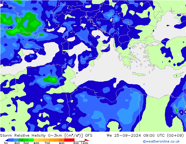 Storm Relative Helicity GFS śro. 25.09.2024 09 UTC