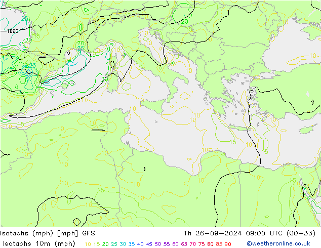 Isotachs (mph) GFS gio 26.09.2024 09 UTC