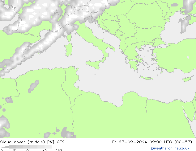 Cloud cover (middle) GFS Fr 27.09.2024 09 UTC