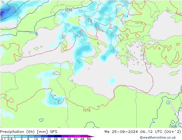 Precipitation (6h) GFS We 25.09.2024 12 UTC