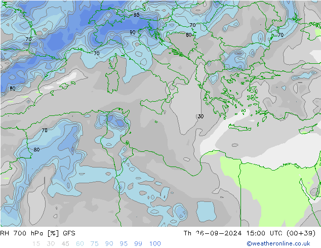 RH 700 hPa GFS czw. 26.09.2024 15 UTC