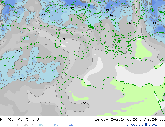 RH 700 hPa GFS śro. 02.10.2024 00 UTC