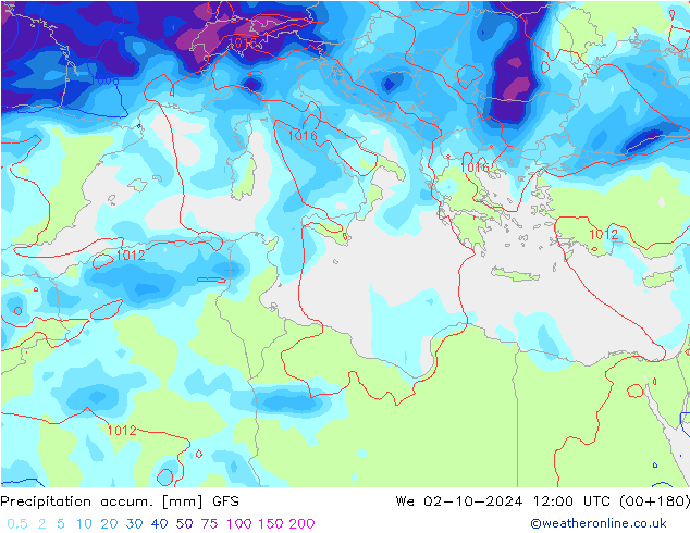 Precipitation accum. GFS We 02.10.2024 12 UTC