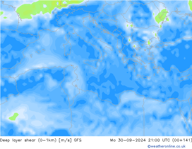 Deep layer shear (0-1km) GFS pon. 30.09.2024 21 UTC