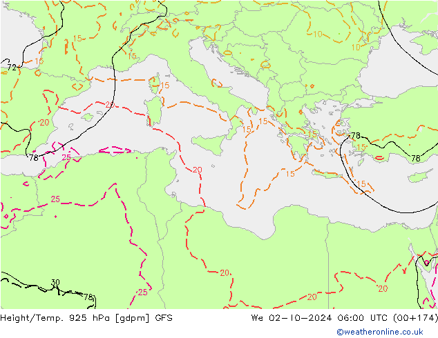 Height/Temp. 925 hPa GFS We 02.10.2024 06 UTC