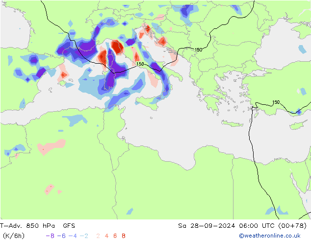 T-Adv. 850 hPa GFS So 28.09.2024 06 UTC