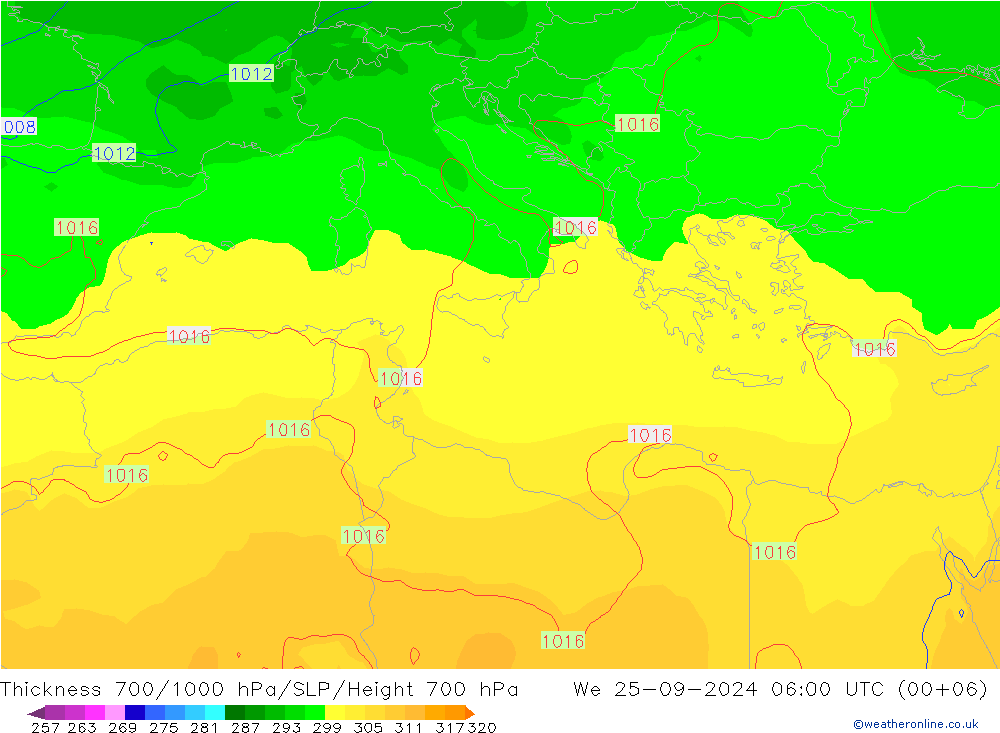 Thck 700-1000 hPa GFS Qua 25.09.2024 06 UTC