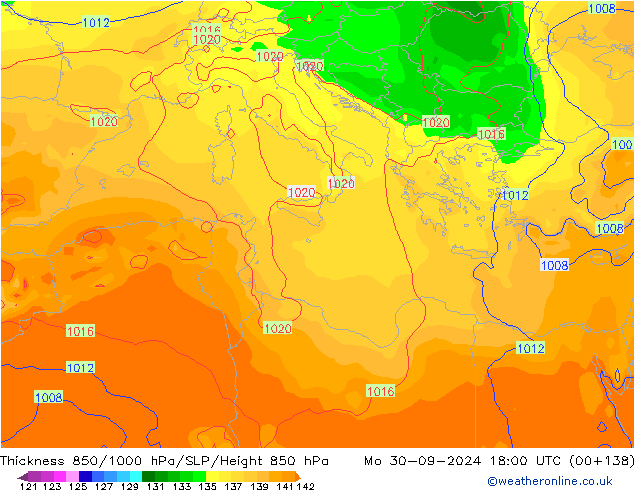 Dikte 850-1000 hPa GFS ma 30.09.2024 18 UTC