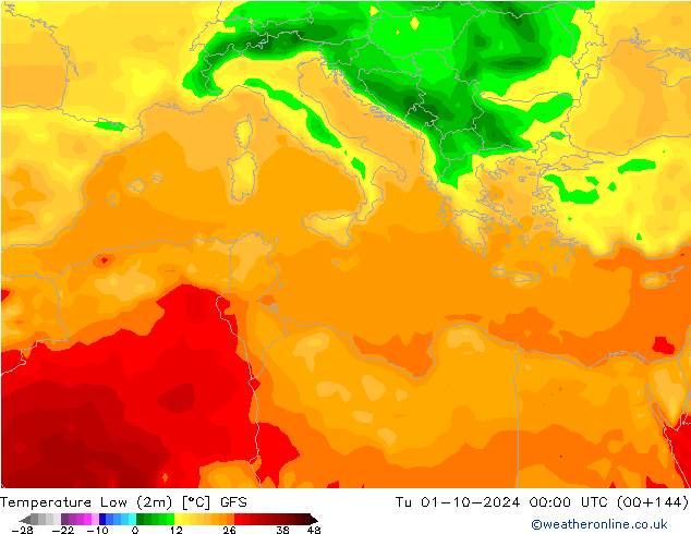 Temperature Low (2m) GFS Tu 01.10.2024 00 UTC