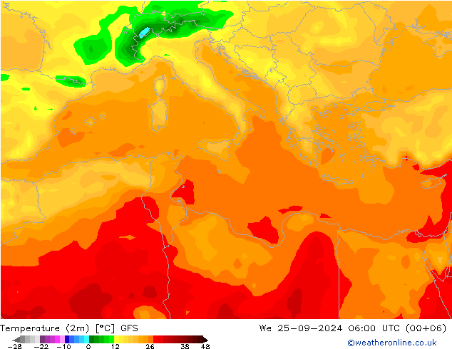 Sıcaklık Haritası (2m) GFS Çar 25.09.2024 06 UTC